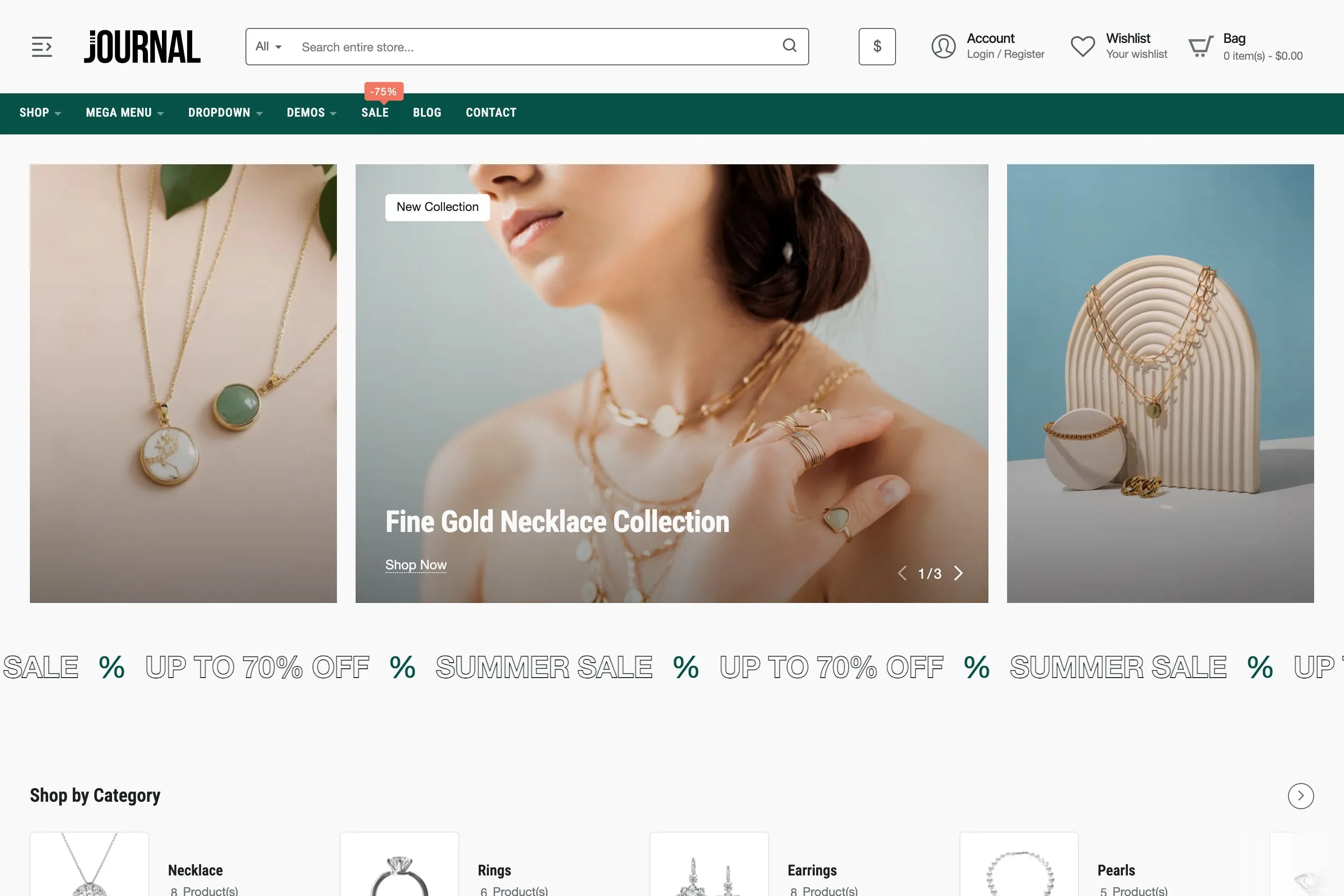 Sample store built with Journal: demo 10, variant 3, Jewelry.