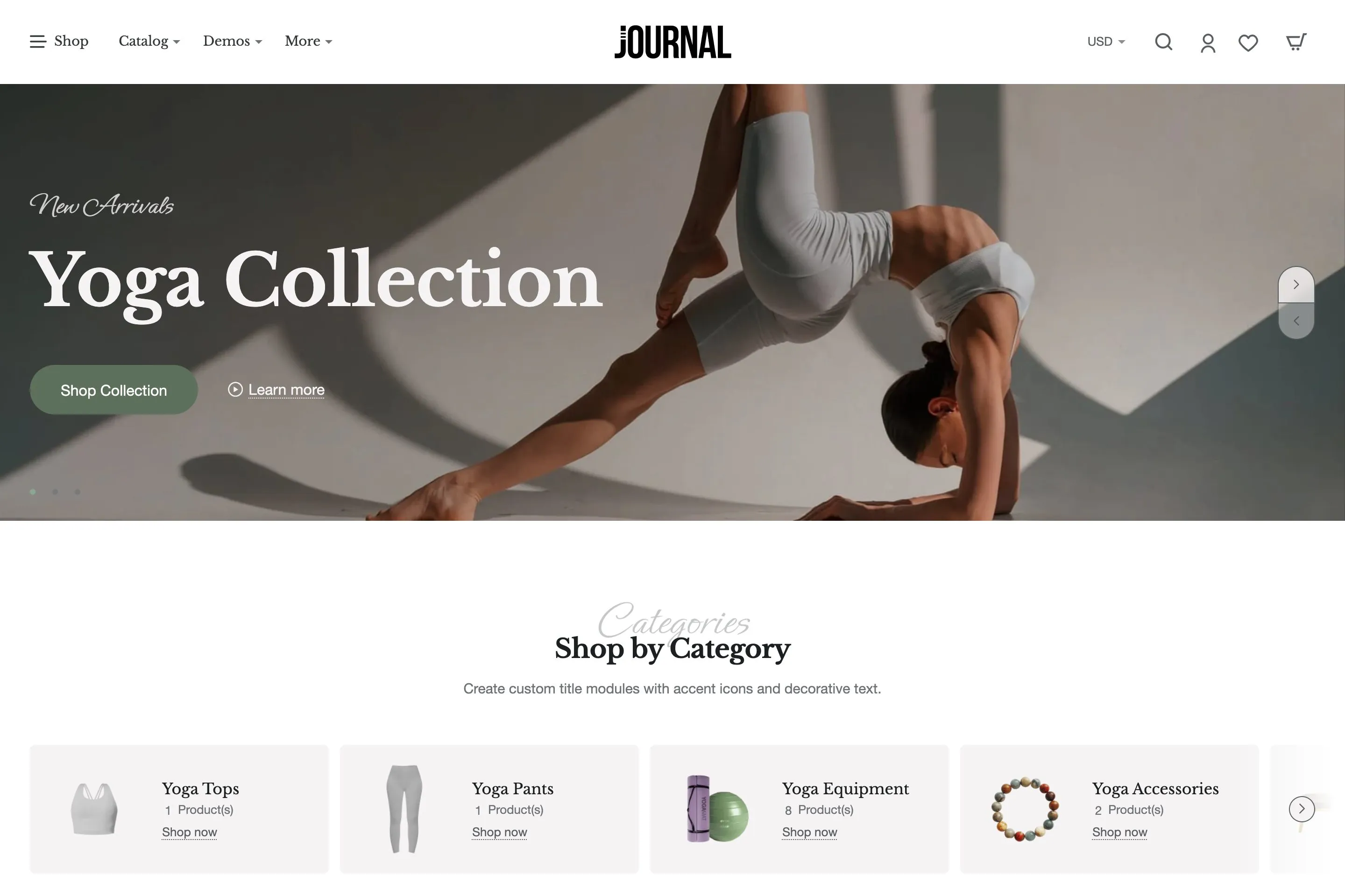 Sample store built with Journal: demo 11, variant 3, Yoga.
