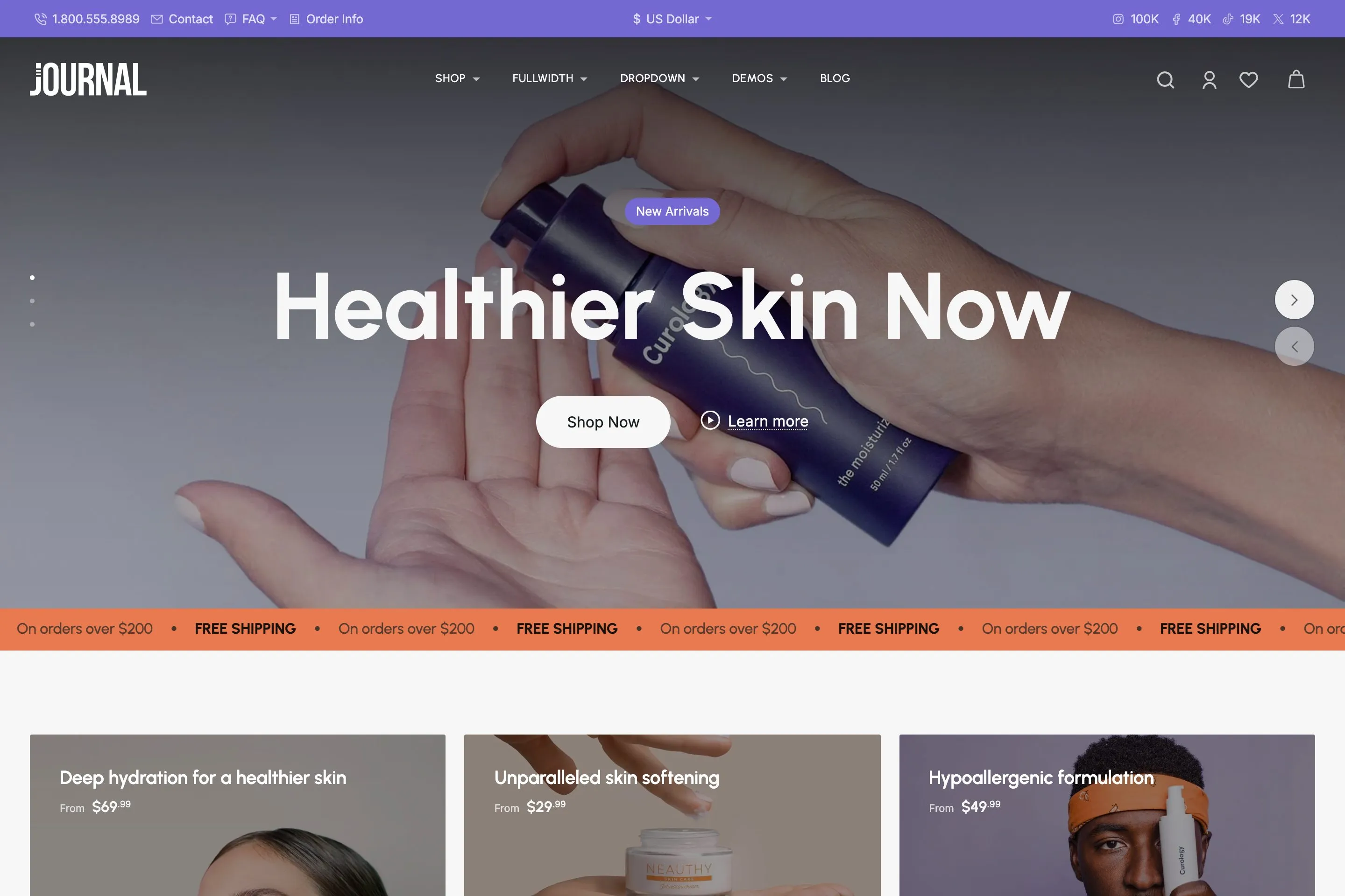 Sample store built with Journal: demo 2, variant 3, Skincare.