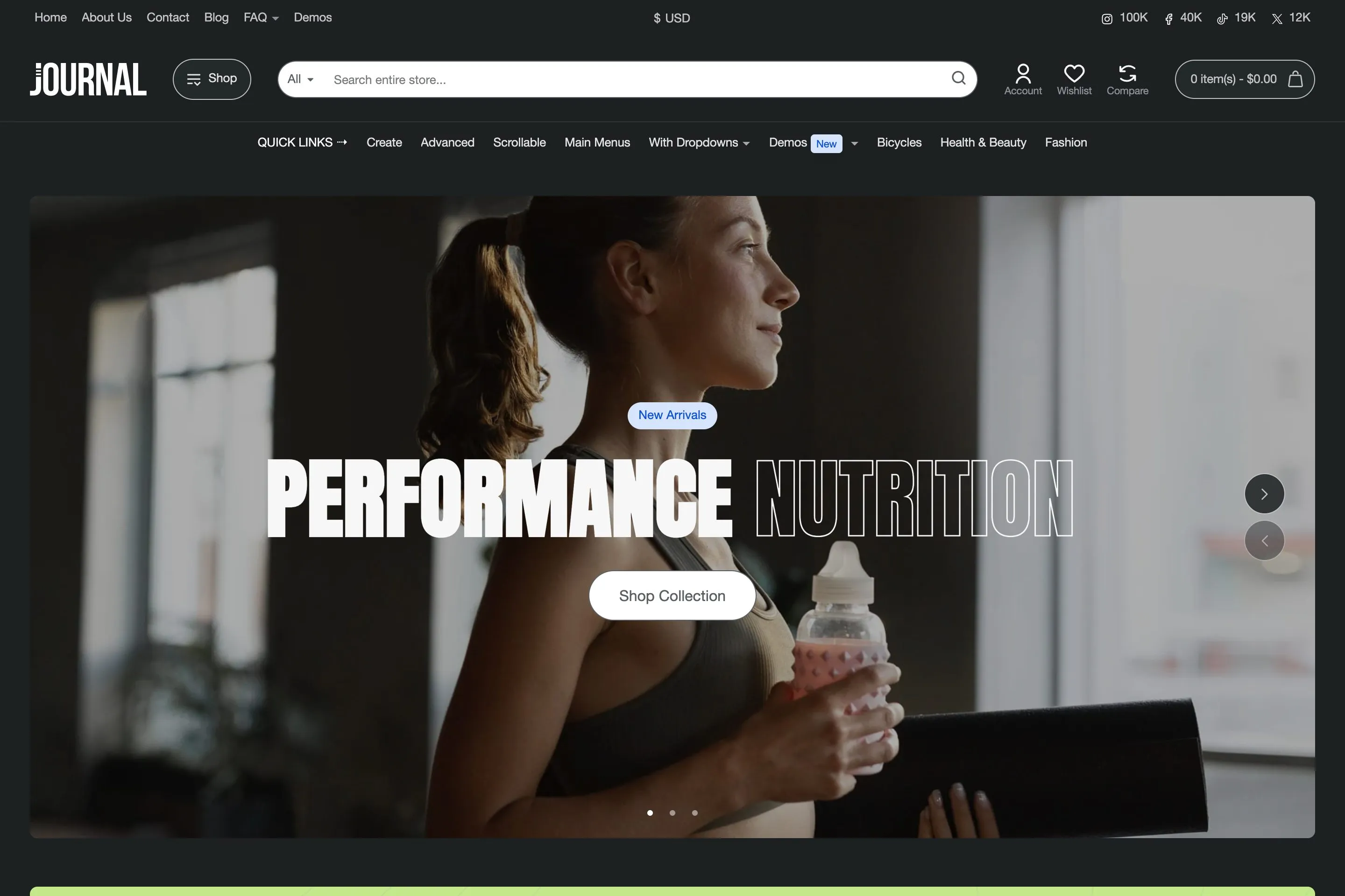 Sample store built with Journal: demo 3, variant 2, Sports nutrition.