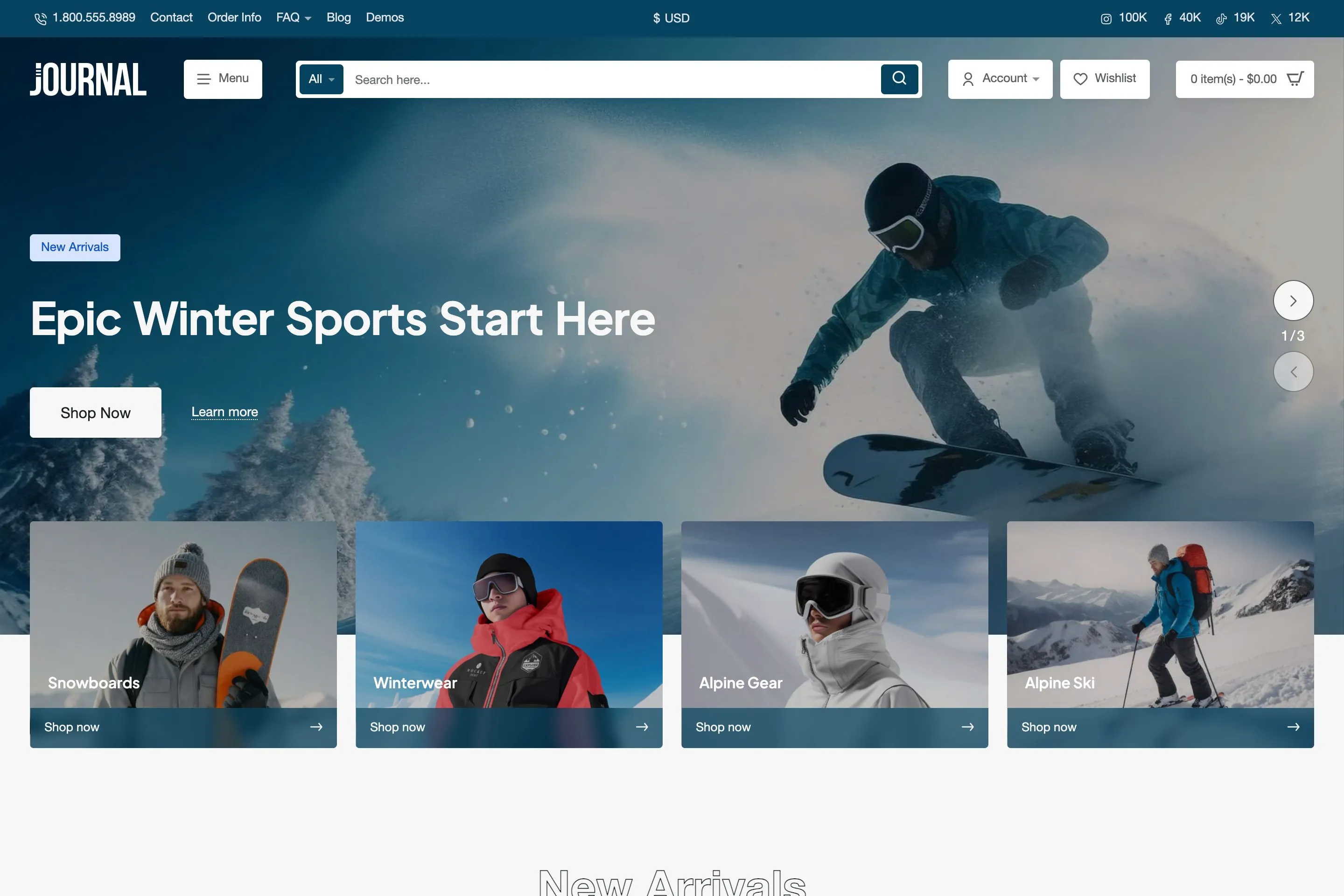 Sample store built with Journal: demo 6, variant 3, Winter sports.