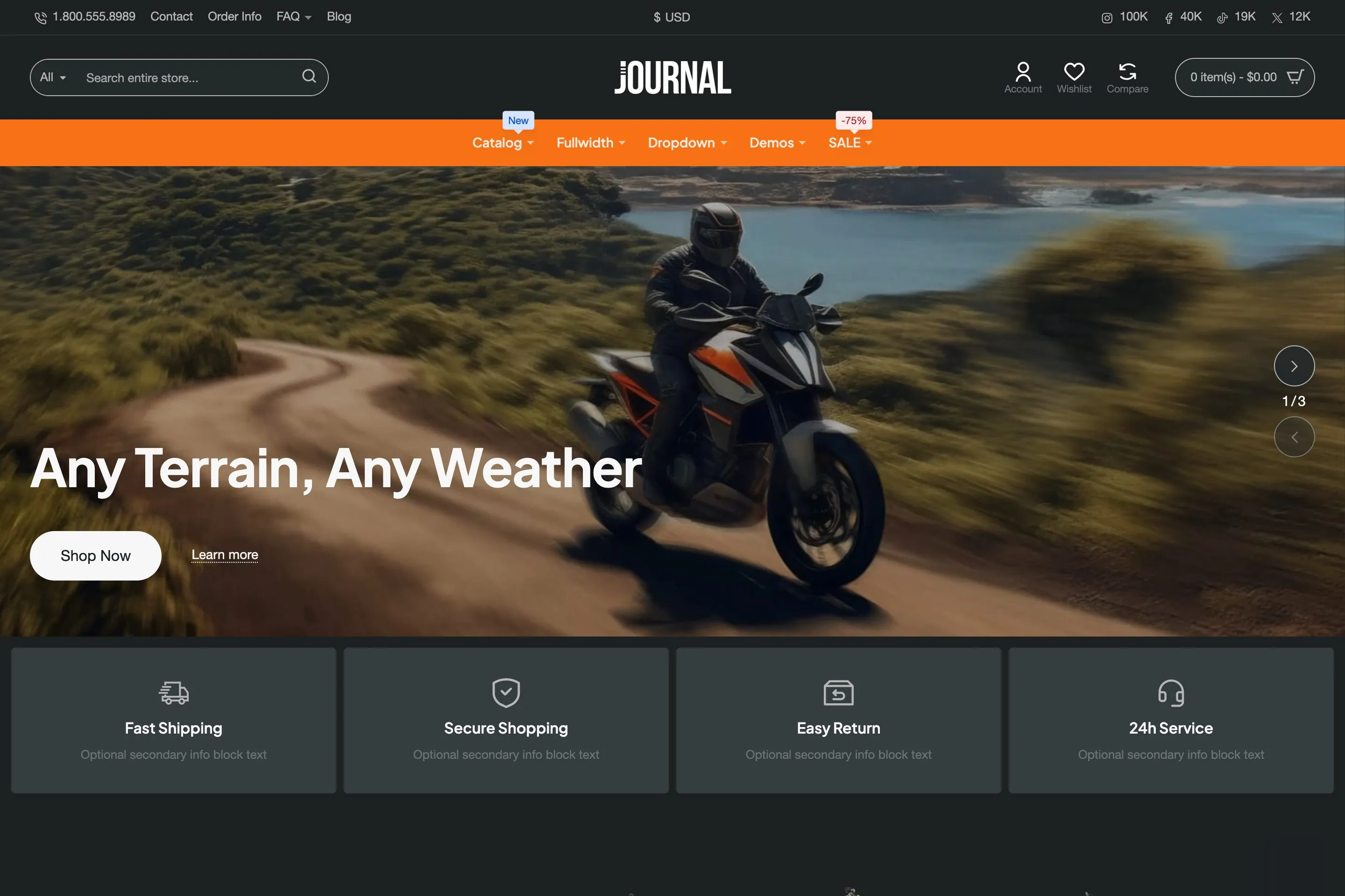 Sample store built with Journal: demo 7, variant 2, Motorbikes.