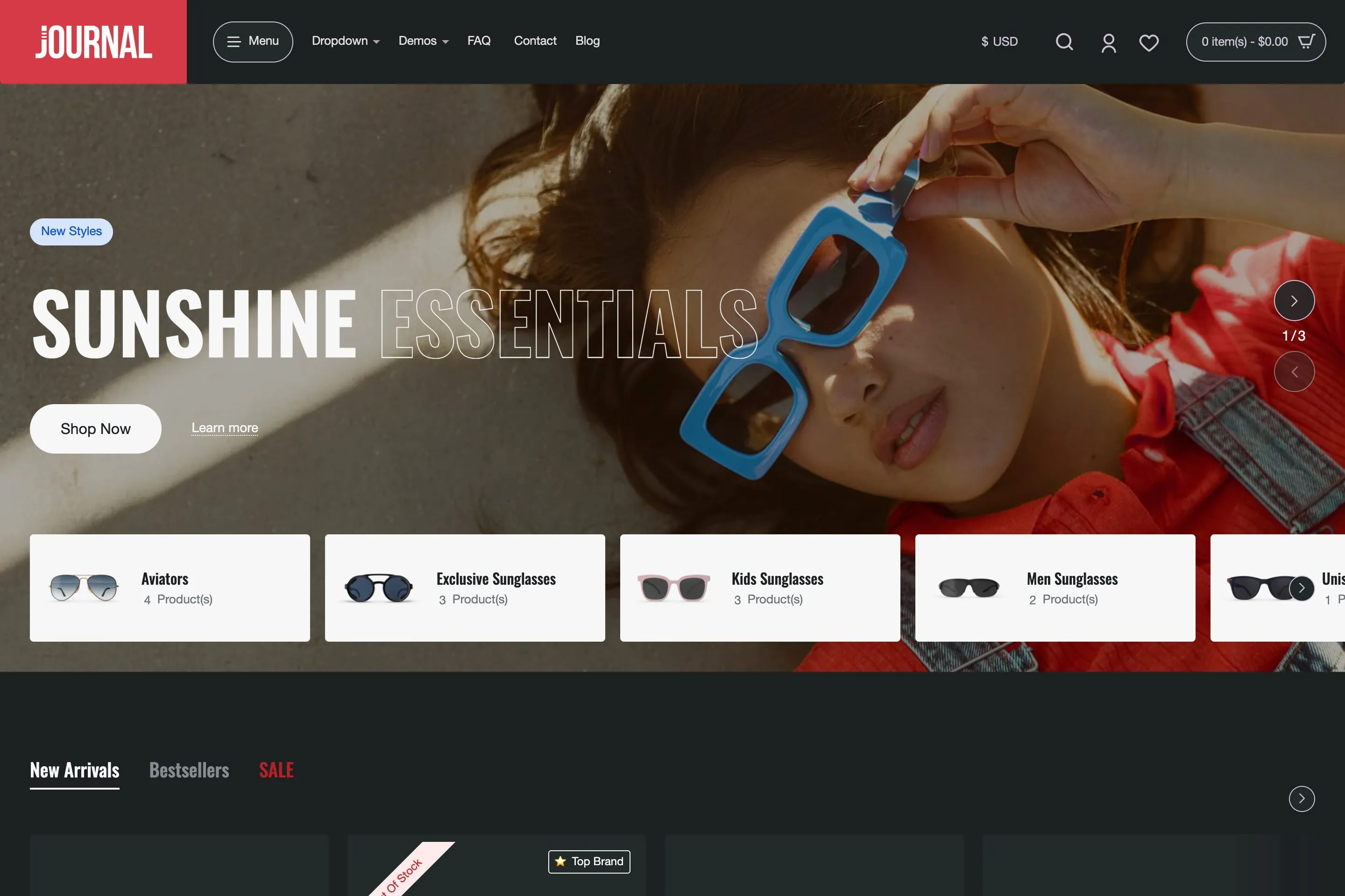 Sample store built with Journal: demo 8, variant 2, Sunglasses.