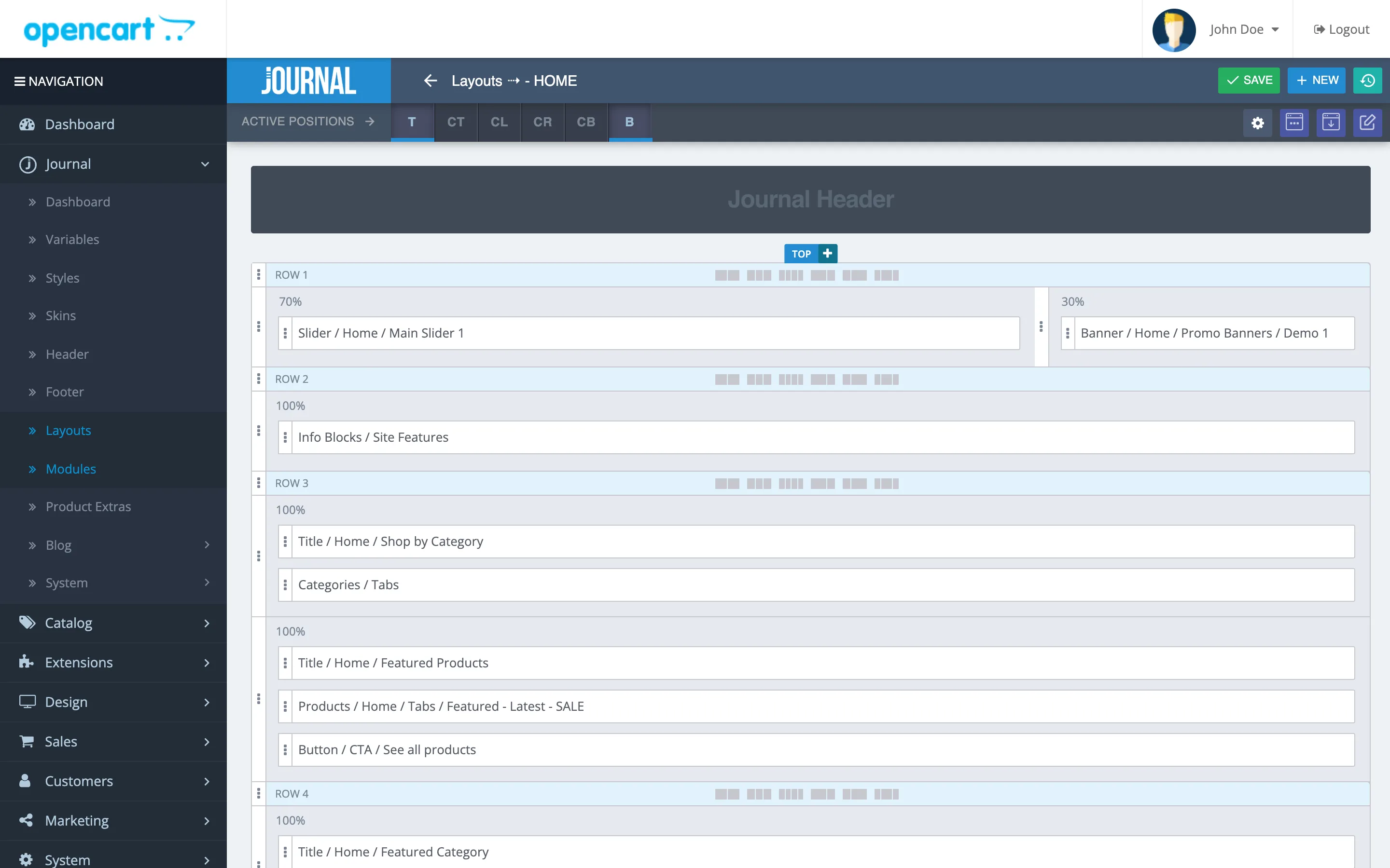 The Journal layout builder for the Home layout: rows with column widths, each holding named modules such as Main Slider, Promo Banners and Shop by Category.