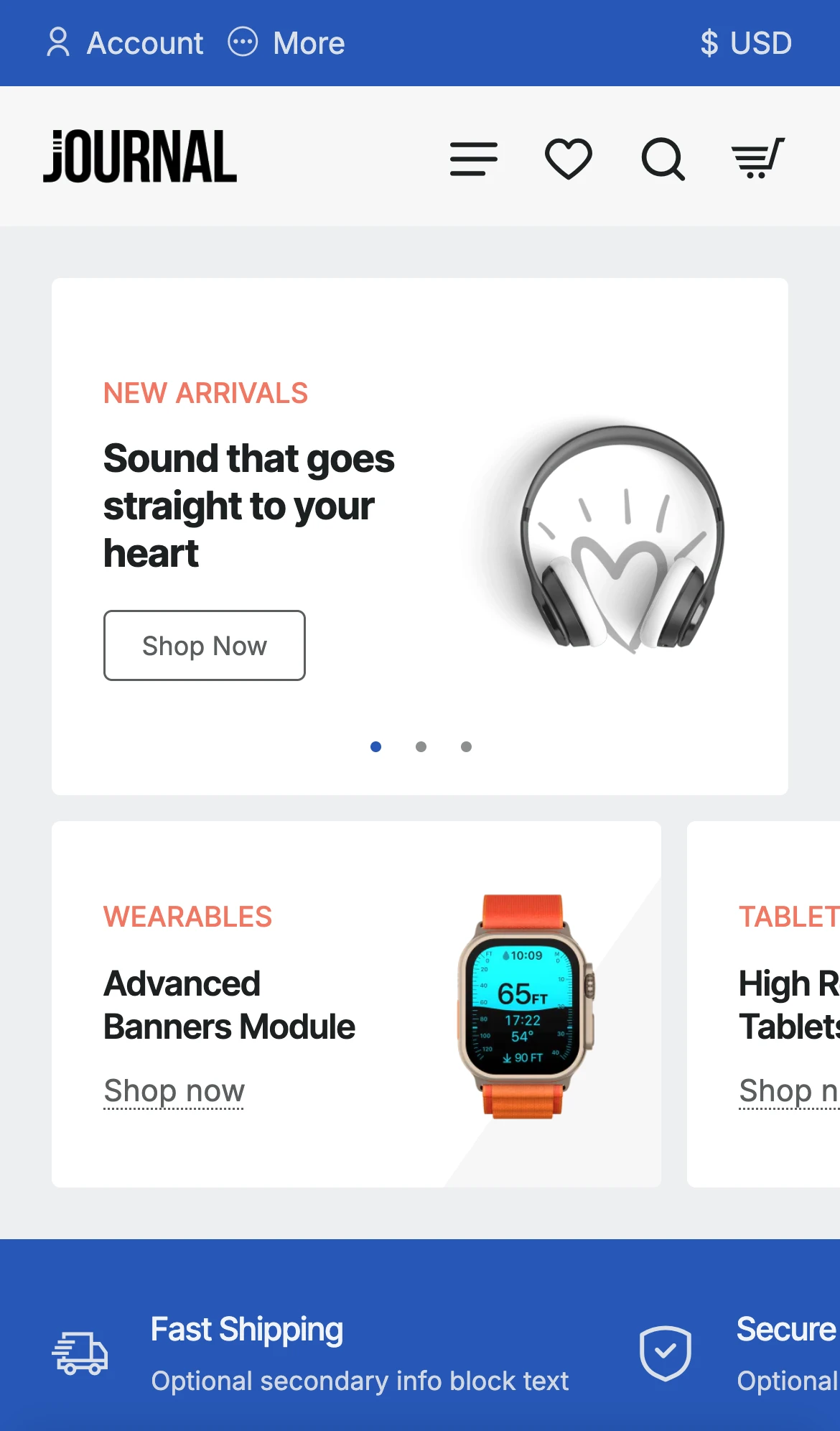 The same sample store on a phone: the Journal logo and mobile header, then the slider and a swipeable row of promo banners.
