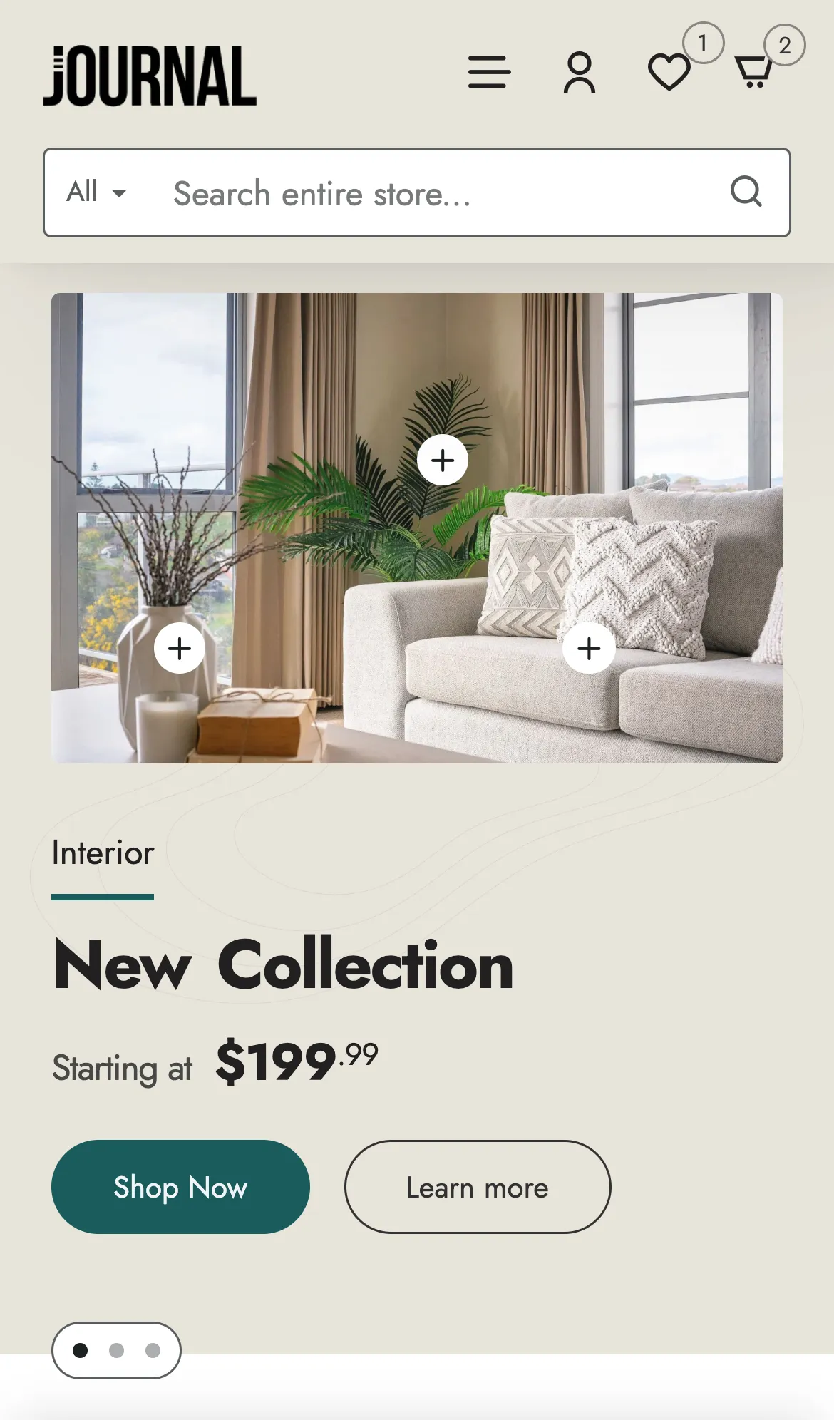 Demo 9 on a phone, a sample store with its mobile header: the logo, then menu, account, wish list and cart icons with item counts, and a search bar below.