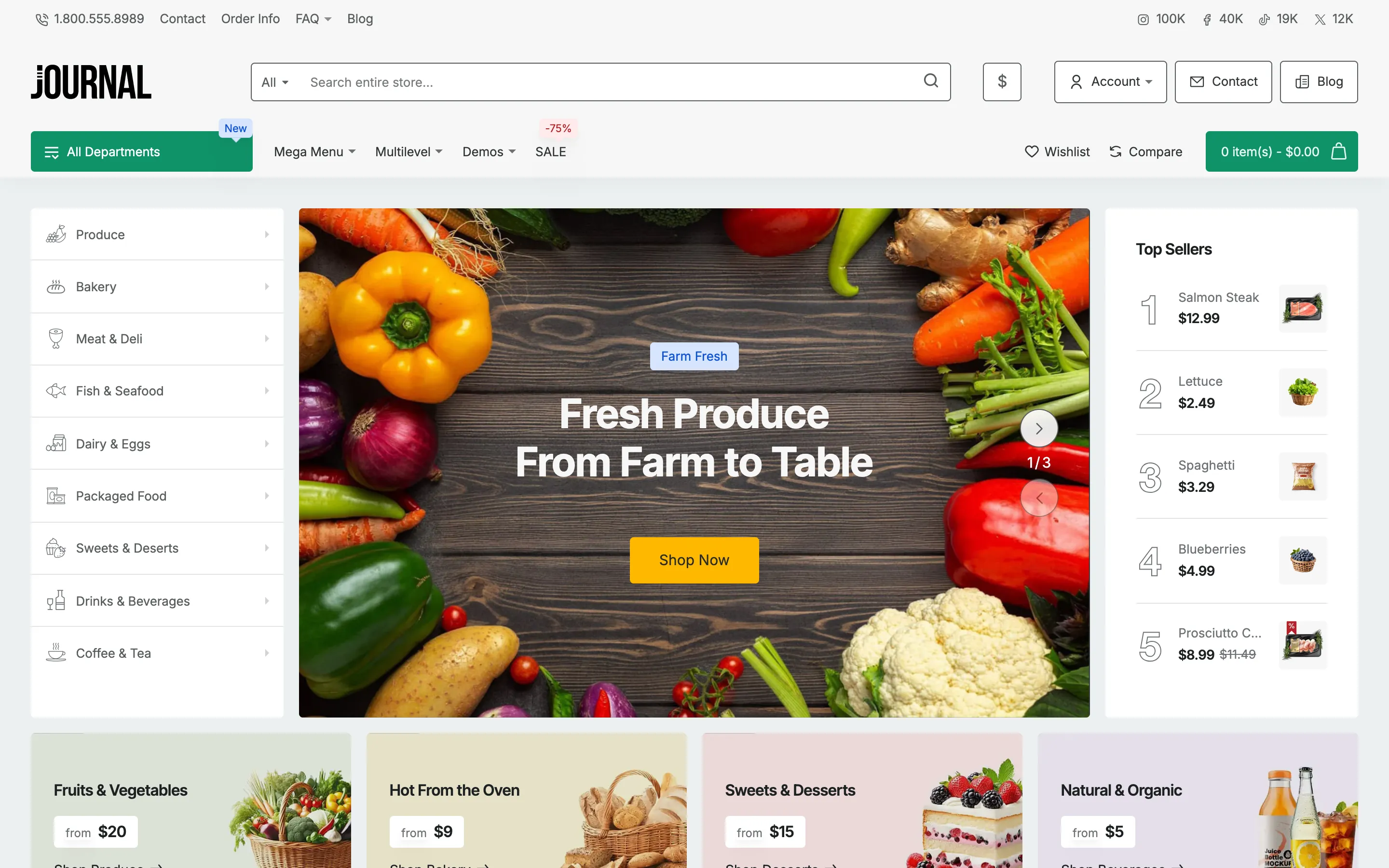 Demo 5, variant 3, a sample store: a category menu, a slider, a top sellers list and four colored banners.
