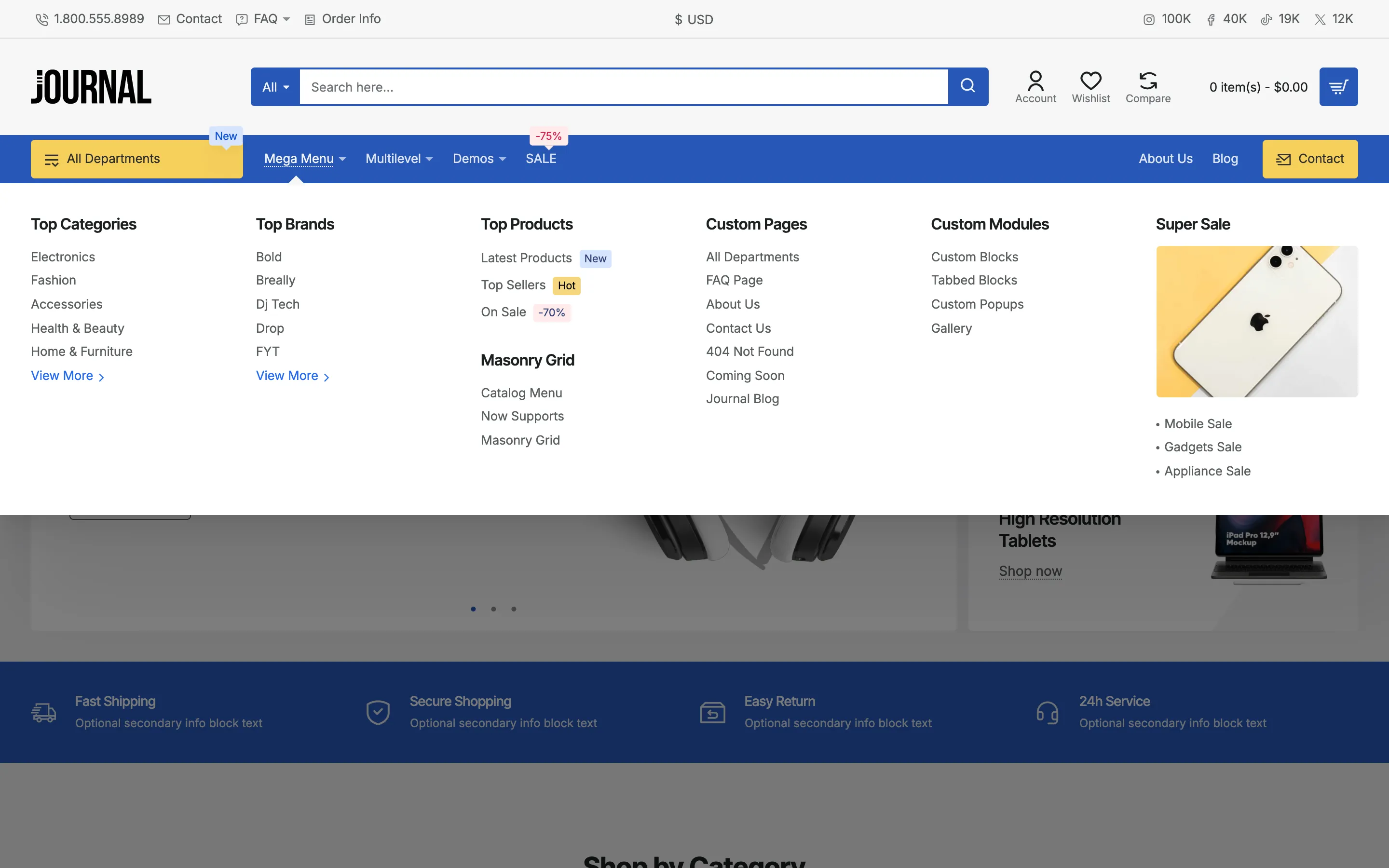 Demo 1, a sample store: a mega menu open under the main menu, with columns of links and a banner.