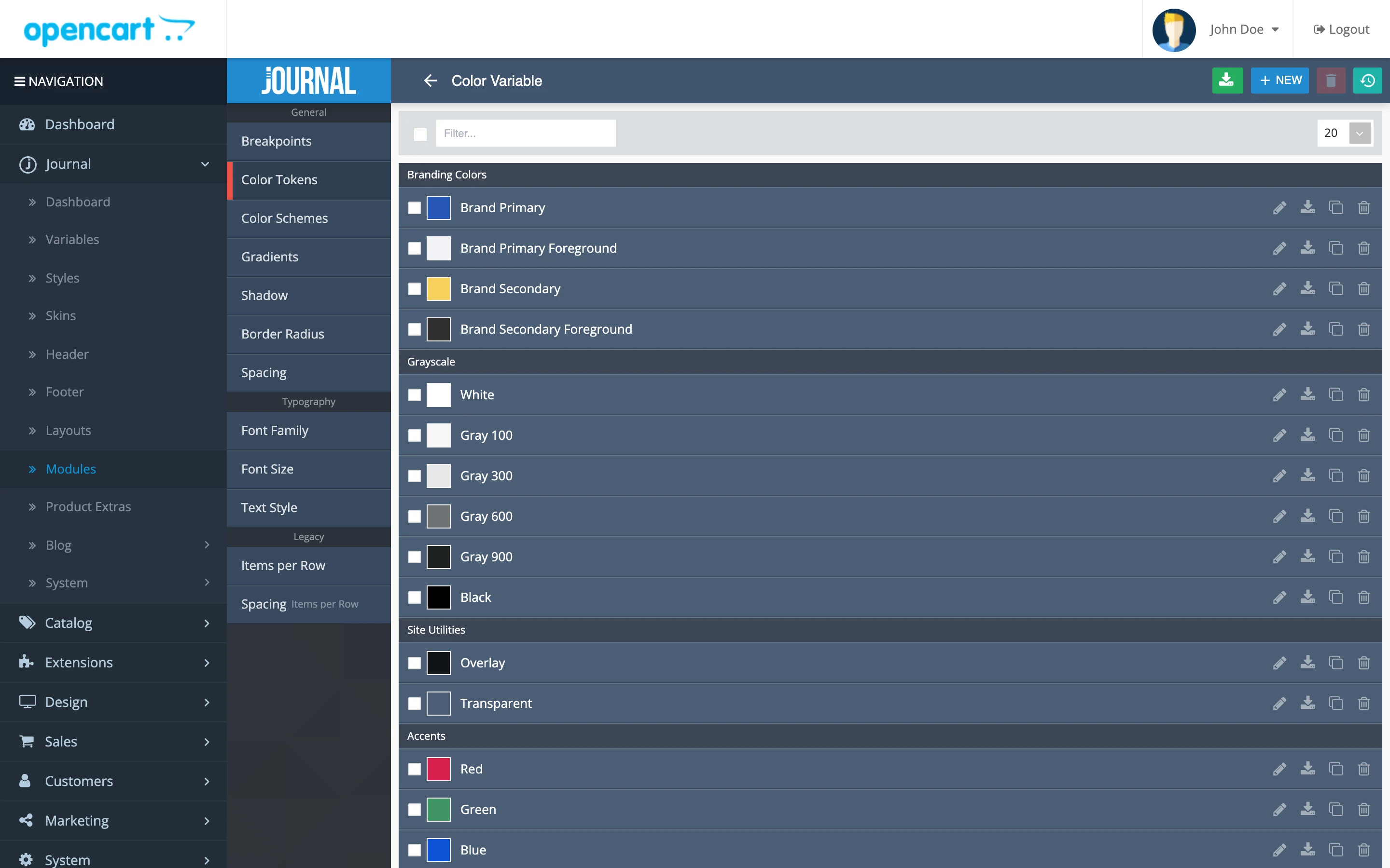 The Color Tokens list in the Journal admin. Brand Primary is set to blue and Brand Secondary to yellow, the colors of the sample store on desktop and phone.