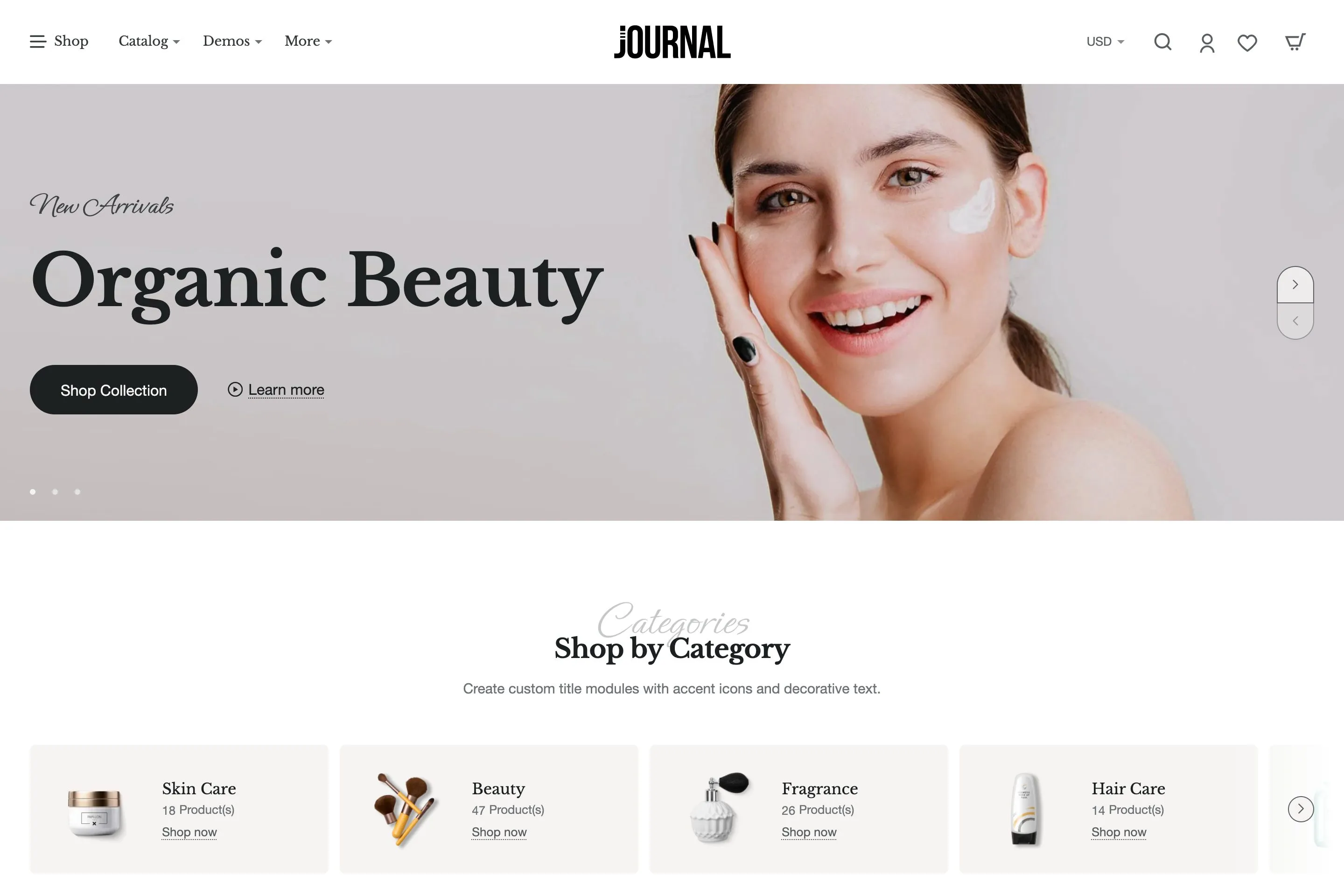 Sample store built with Journal: demo 11, variant 1, Organic beauty.