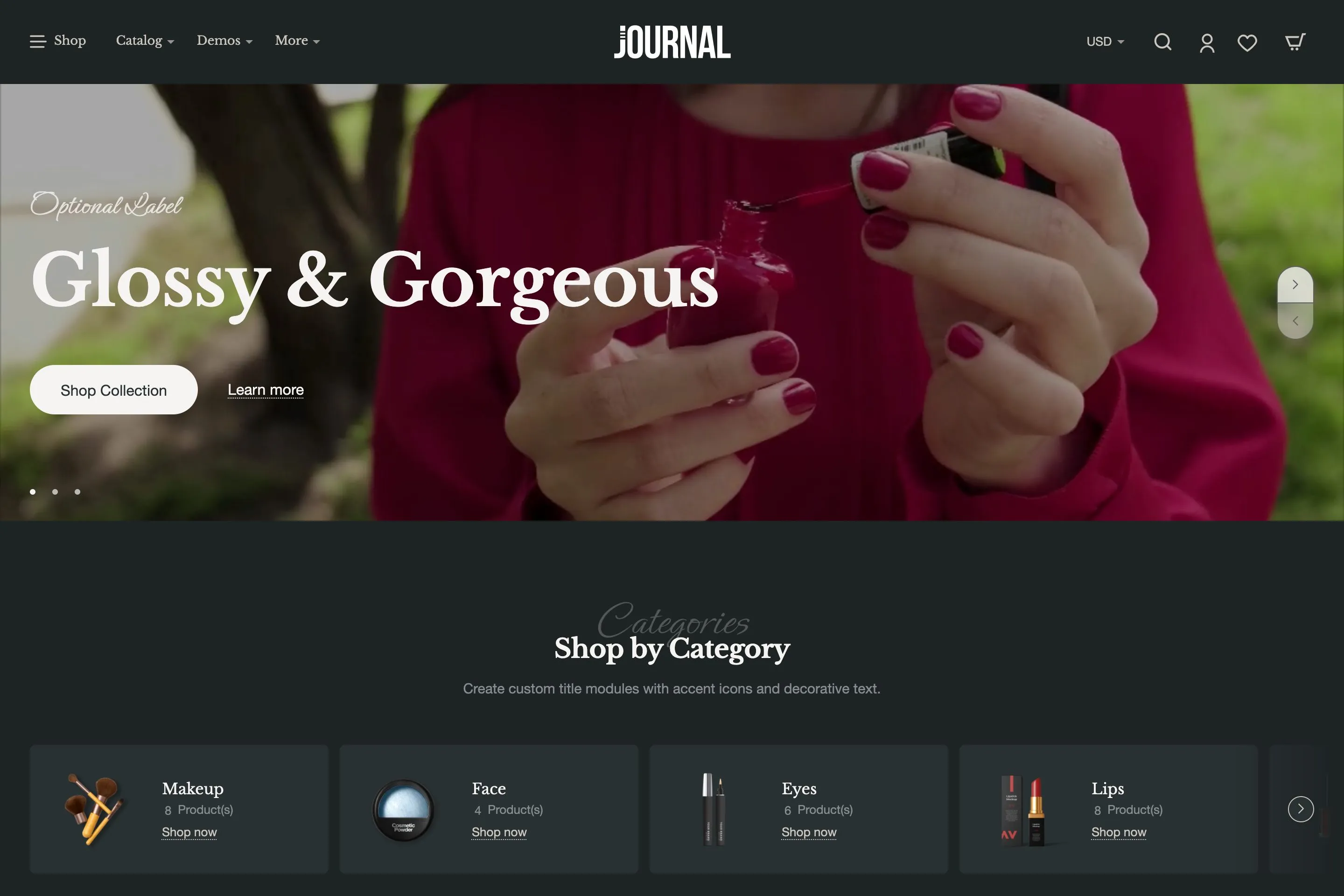 Sample store built with Journal: demo 11, variant 2, Makeup.