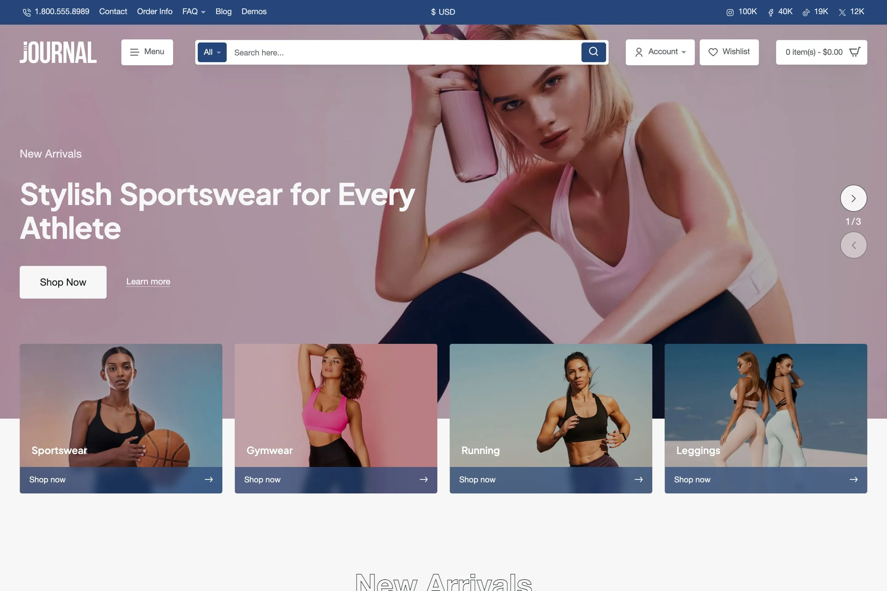 Sample store built with Journal: demo 6, variant 1, Sportswear.