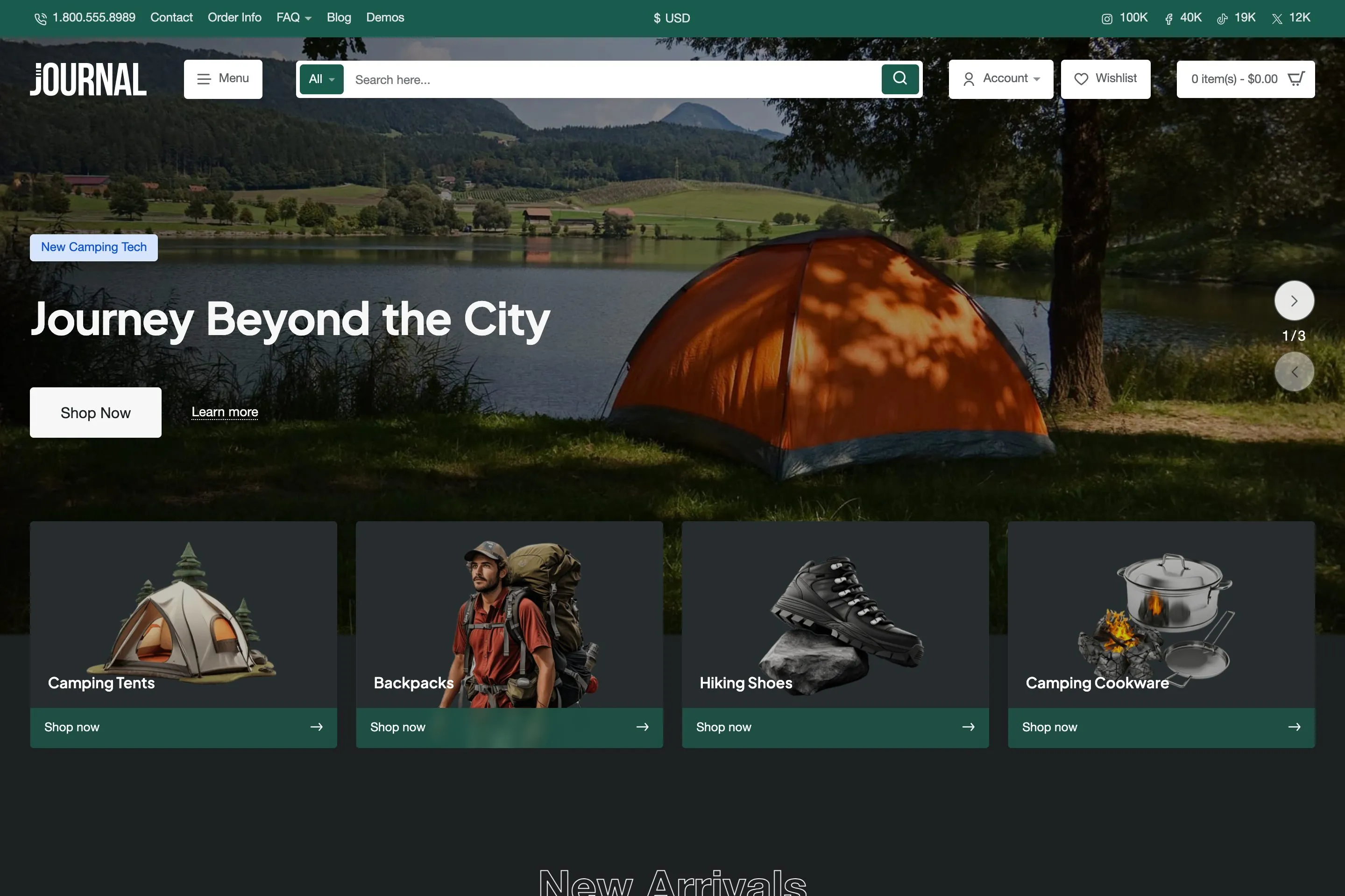 Sample store built with Journal: demo 6, variant 2, Camping.