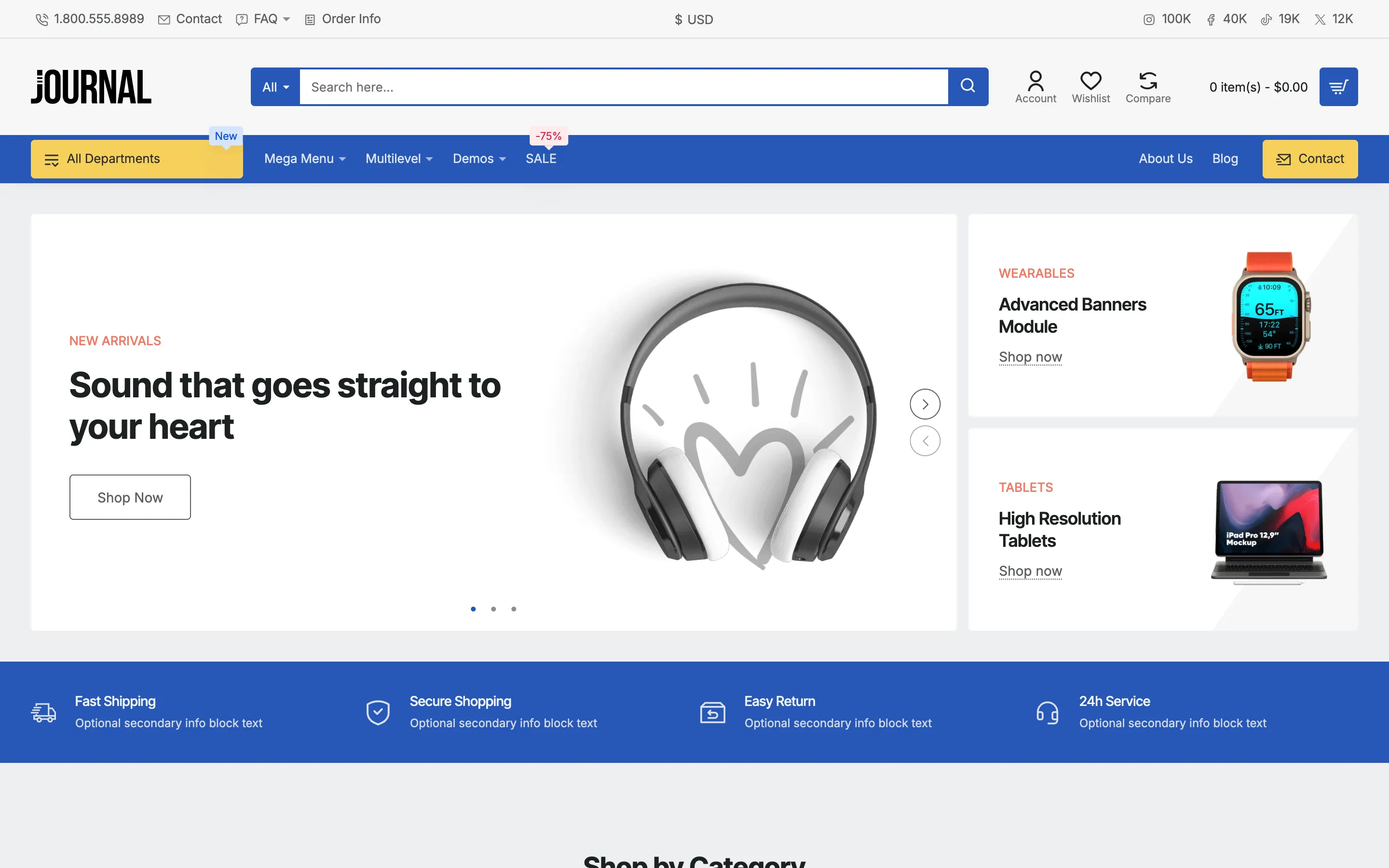 Demo 1 on desktop, a sample store built with Journal: a blue menu bar, yellow accent buttons, a slider and two promo banners.