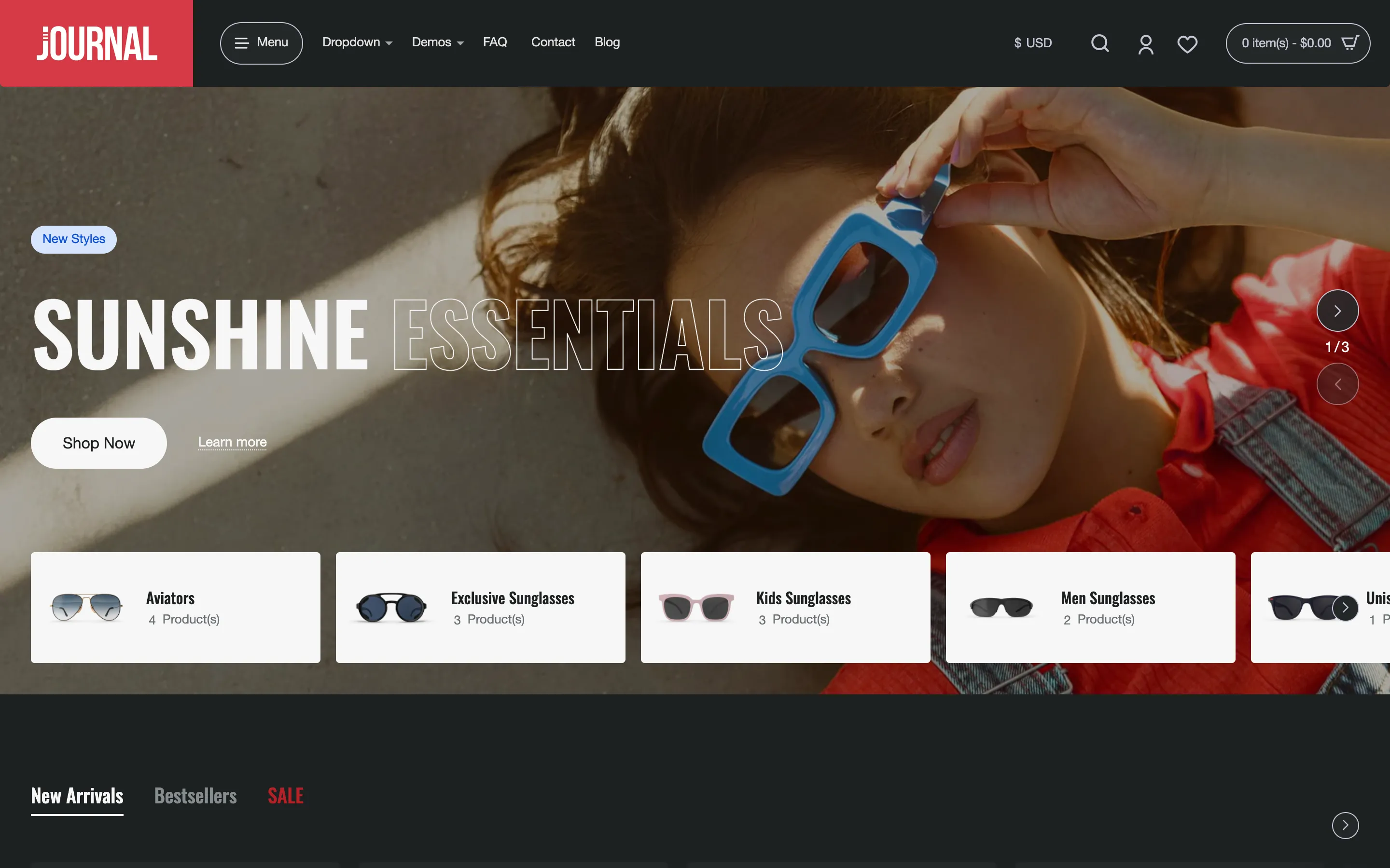 Demo 8, variant 2, a sample store: a dark header, a full-width slider and a carousel of categories.